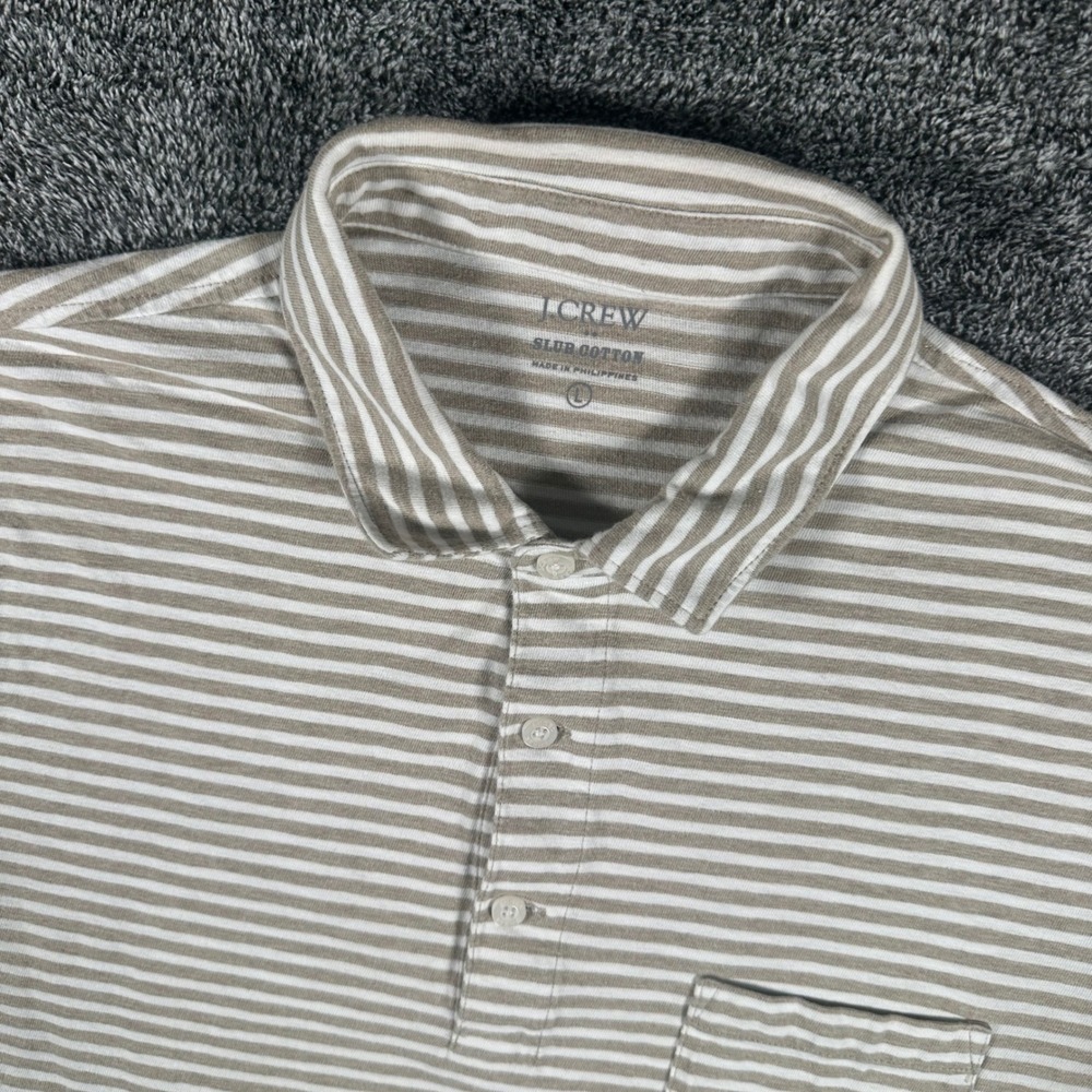 J.Crew Polo Shirt Mens Large Slub Cotton Tan White Striped Pocket Short Sleeve